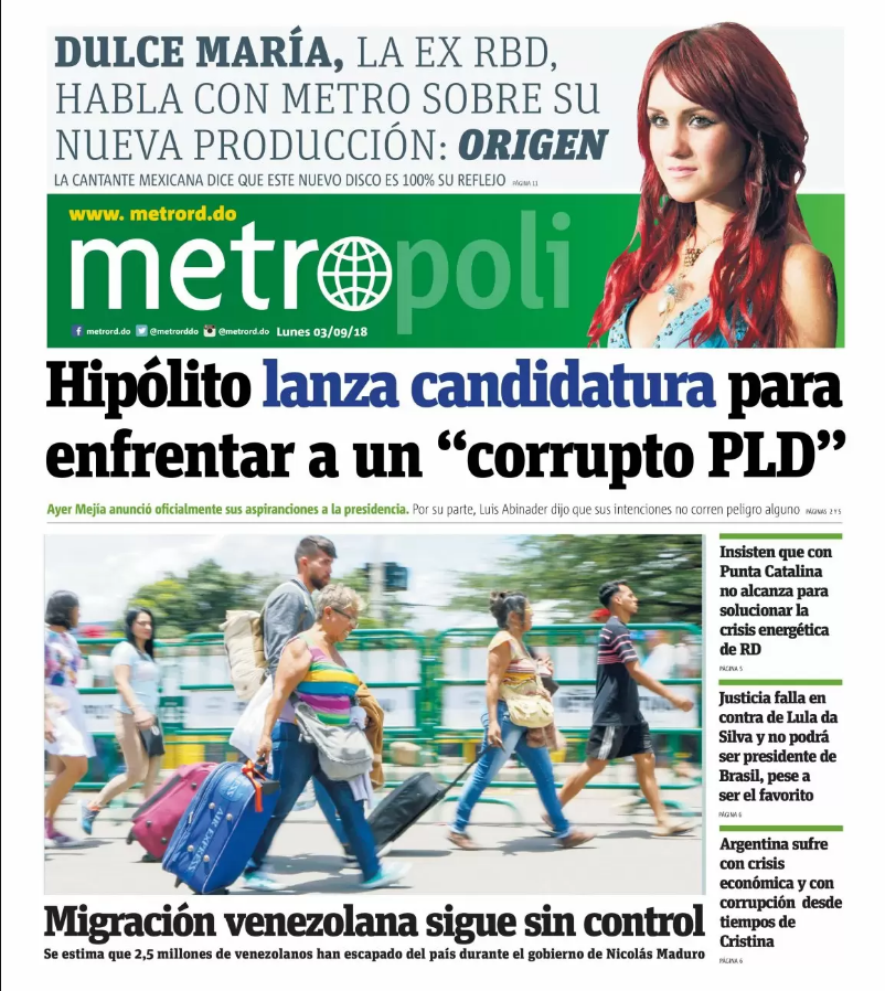 Portada Periódico Metro, Lunes 03 de Septiembre 2018