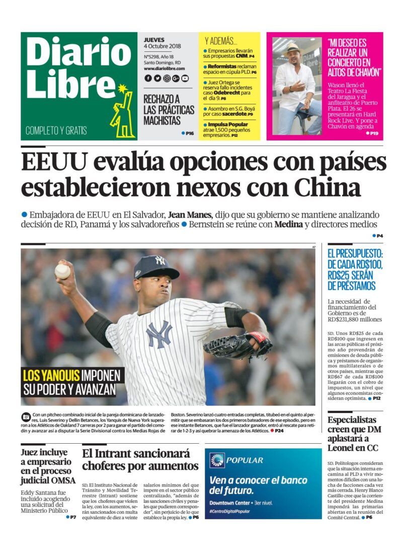 Portada Periódico Diario Libre, Jueves 04 de Octubre 2018