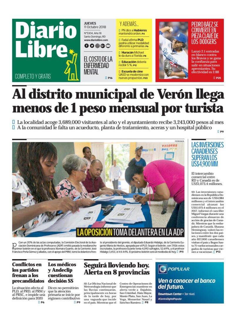 Portada Periódico Diario Libre, Jueves 11 de Octubre 2018