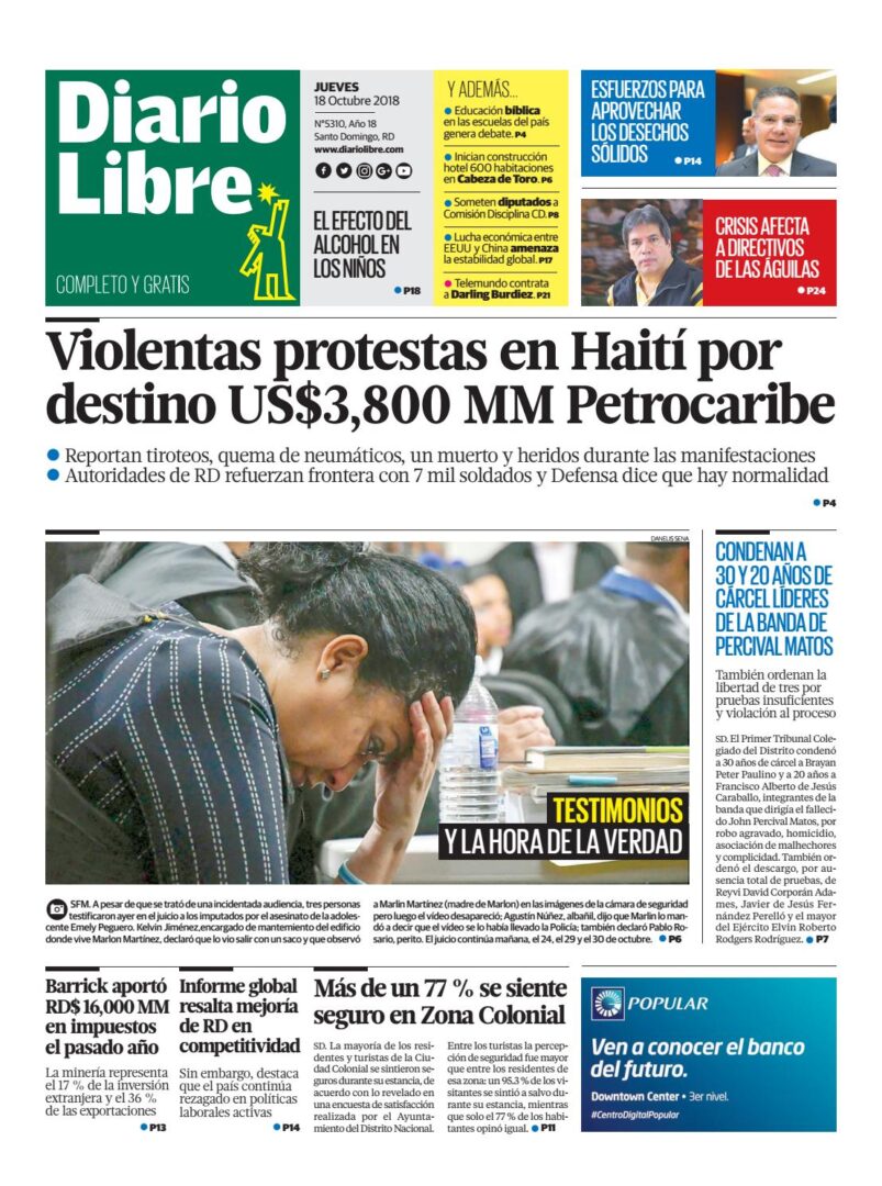 Portada Periódico Diario Libre, Jueves 18 de Octubre 2018