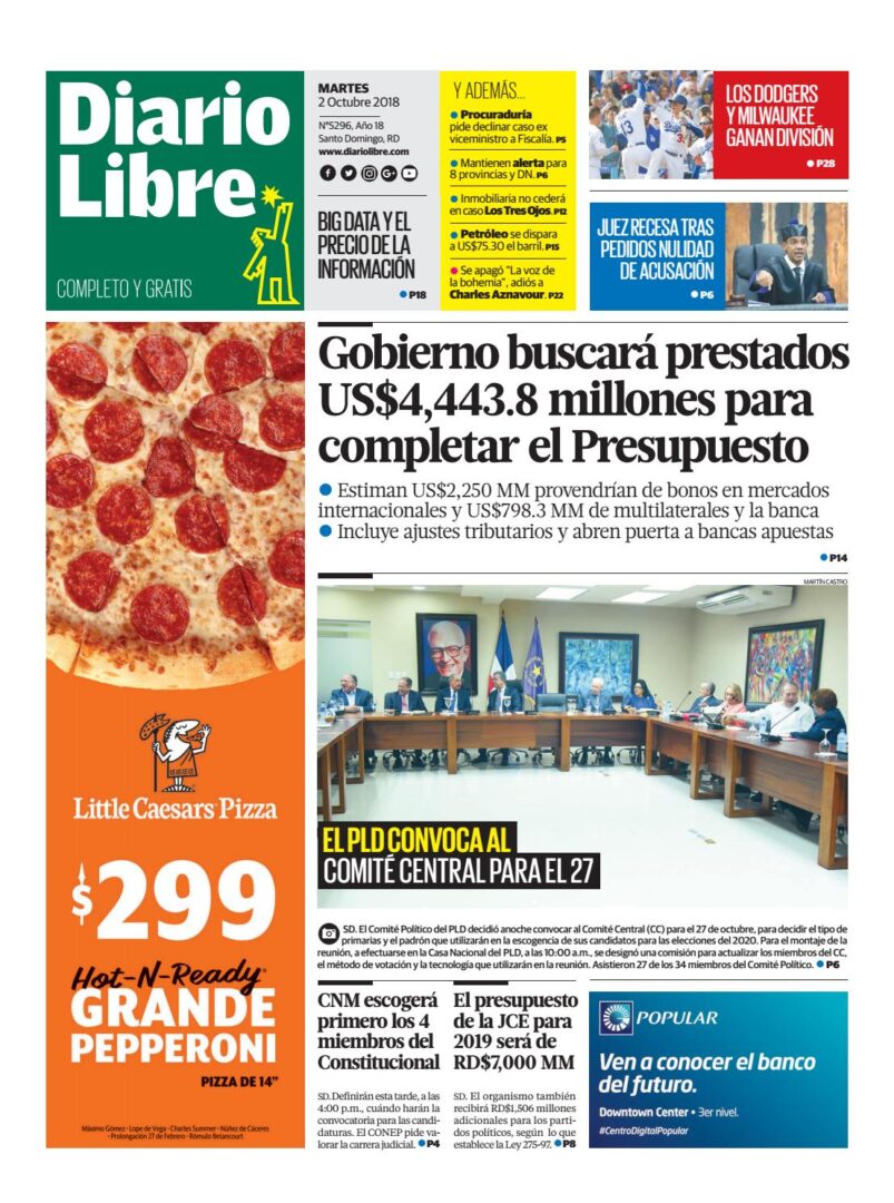 Portada Periódico Diario Libre, Martes 02 de Octubre 2018