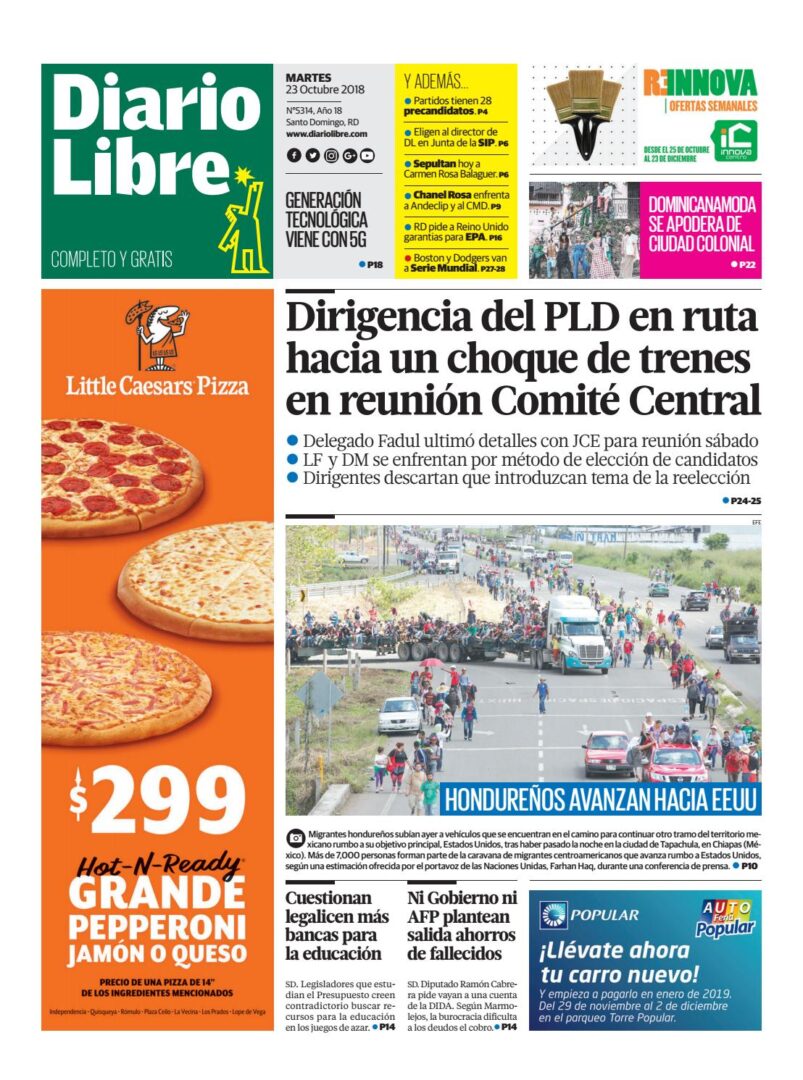 Portada Periódico Diario Libre, Martes 23 de Octubre 2018
