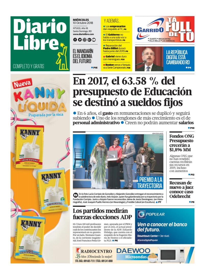 Portada Periódico Diario Libre, Miércoles 10 de Octubre 2018