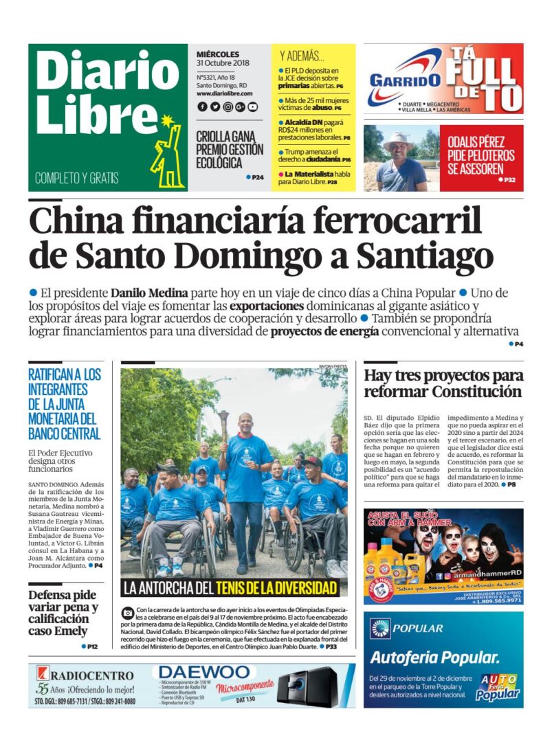 Portada Periódico Diario Libre, Miércoles 31 de Octubre 2018