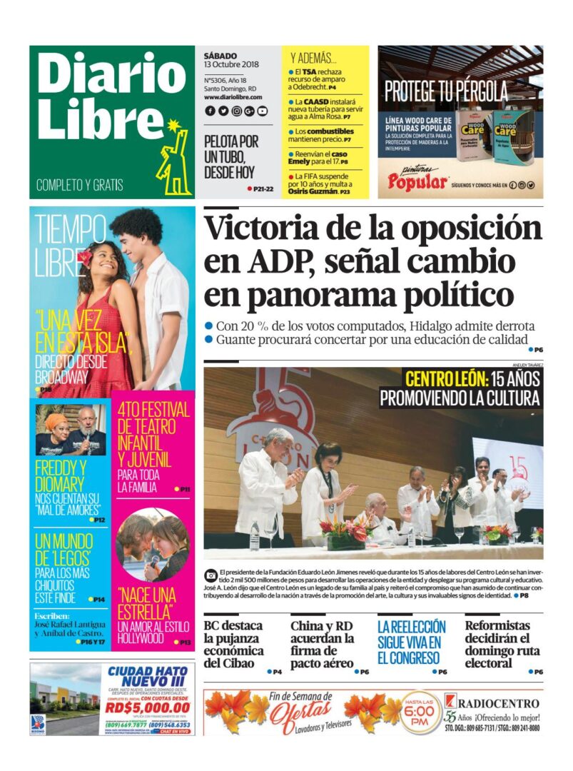Portada Periódico Diario Libre, Sábado 13 de Octubre 2018