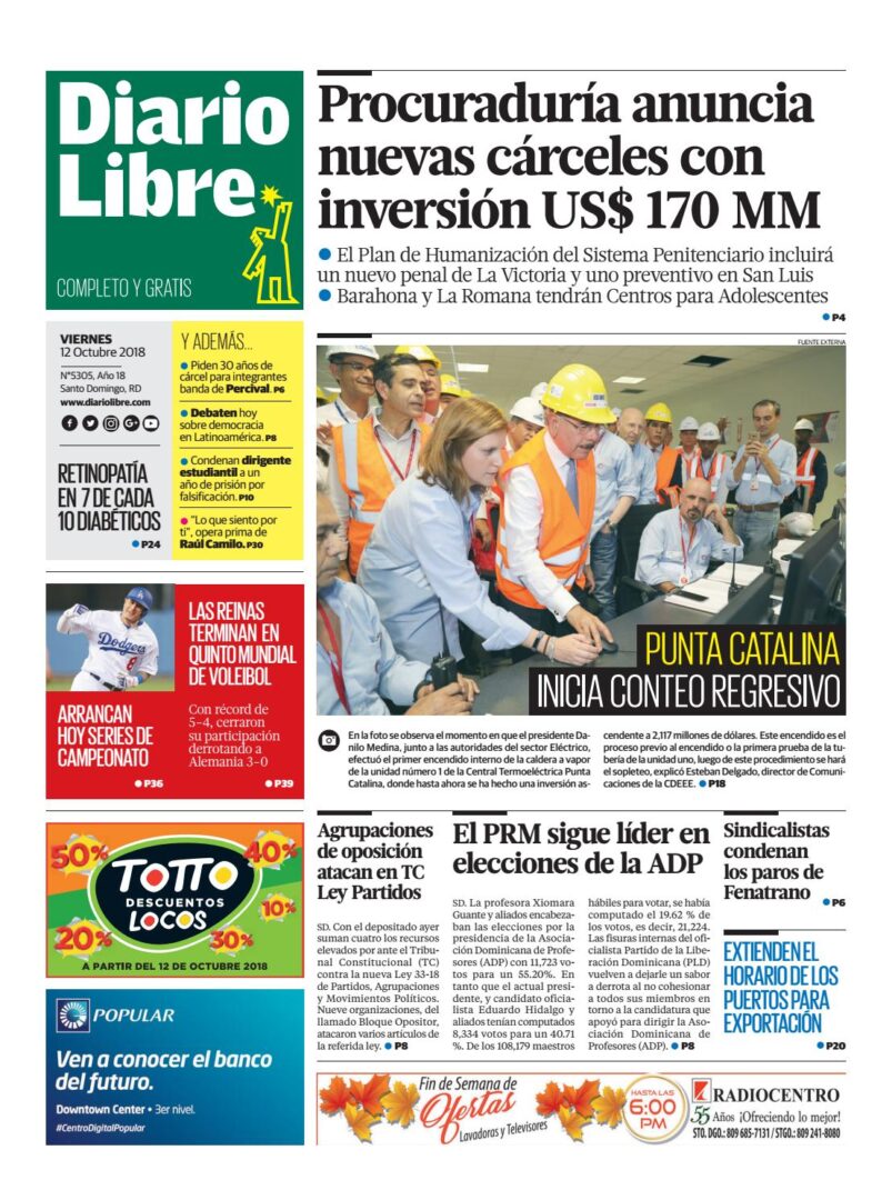 Portada Periódico Diario Libre, Viernes 12 de Octubre 2018
