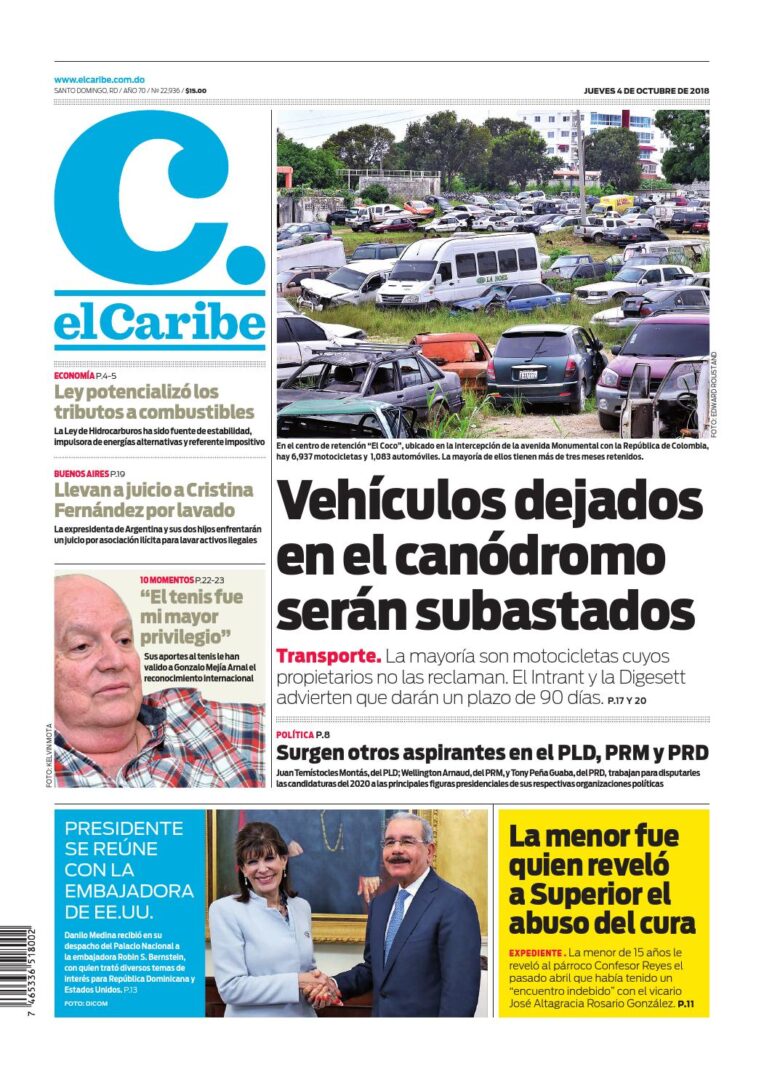 Portada Periódico El Caribe, Jueves 04 de Octubre 2018