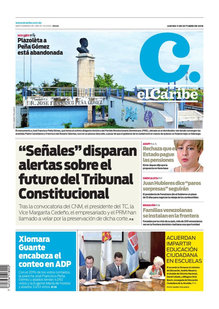 Portada Periódico El Caribe, Jueves 11 de Octubre 2018