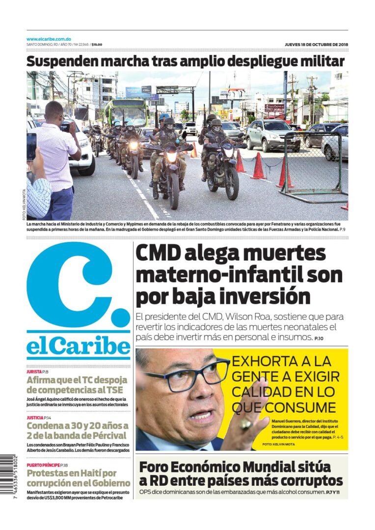 Portada Periódico El Caribe, Jueves 18 de Octubre 2018