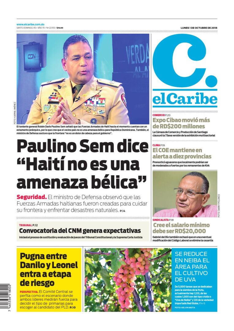 Portada Periódico El Caribe, Lunes 01 de Octubre 2018