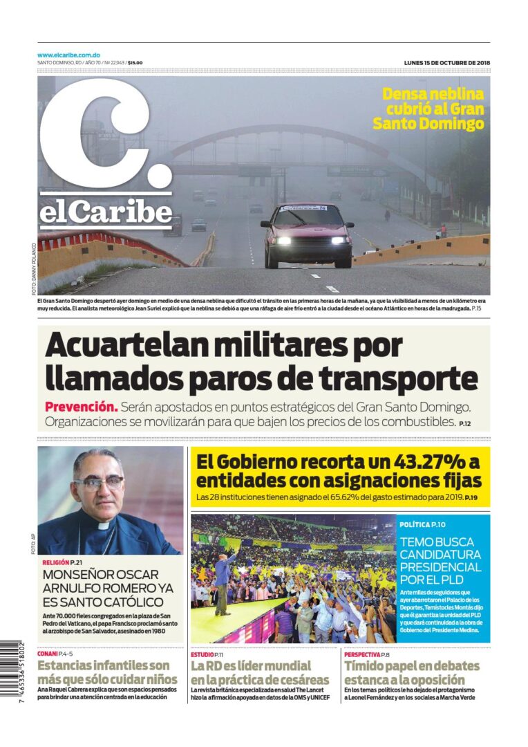 Portada Periódico El Caribe, Lunes 15 de Octubre 2018