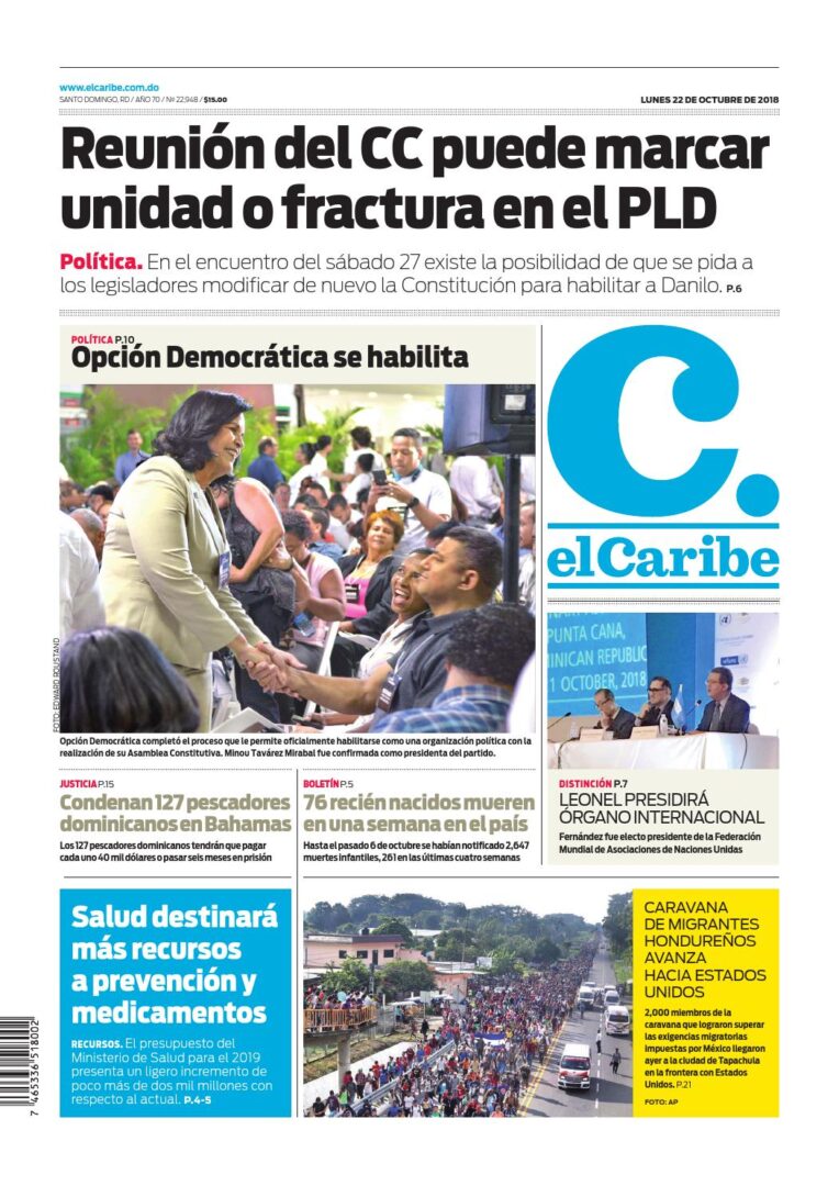 Portada Periódico El Caribe, Lunes 22 de Octubre 2018