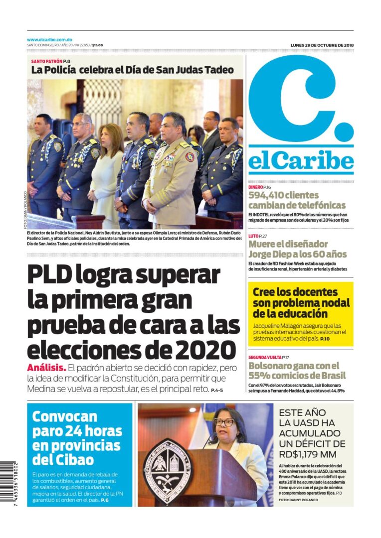 Portada Periódico El Caribe, Lunes 29 de Octubre 2018