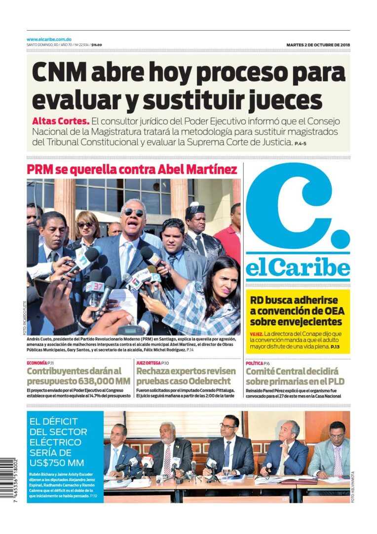 Portada Periódico El Caribe, Martes 02 de Octubre 2018