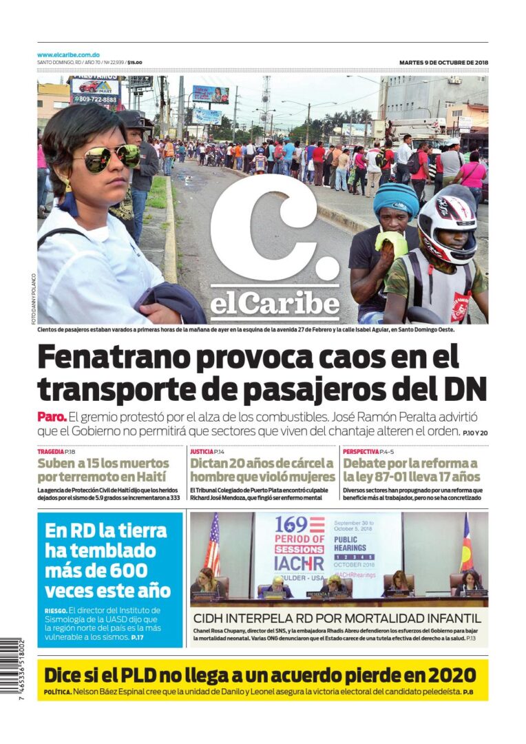 Portada Periódico El Caribe, Martes 09 de Octubre 2018