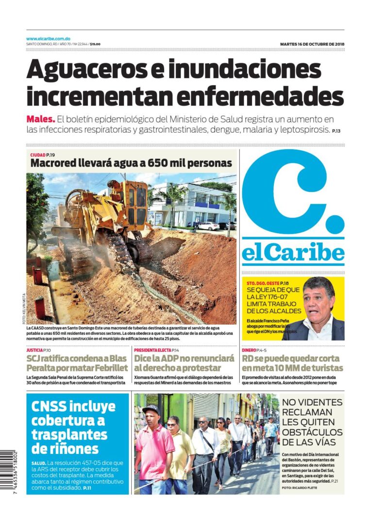 Portada Periódico El Caribe, Martes 16 de Octubre 2018