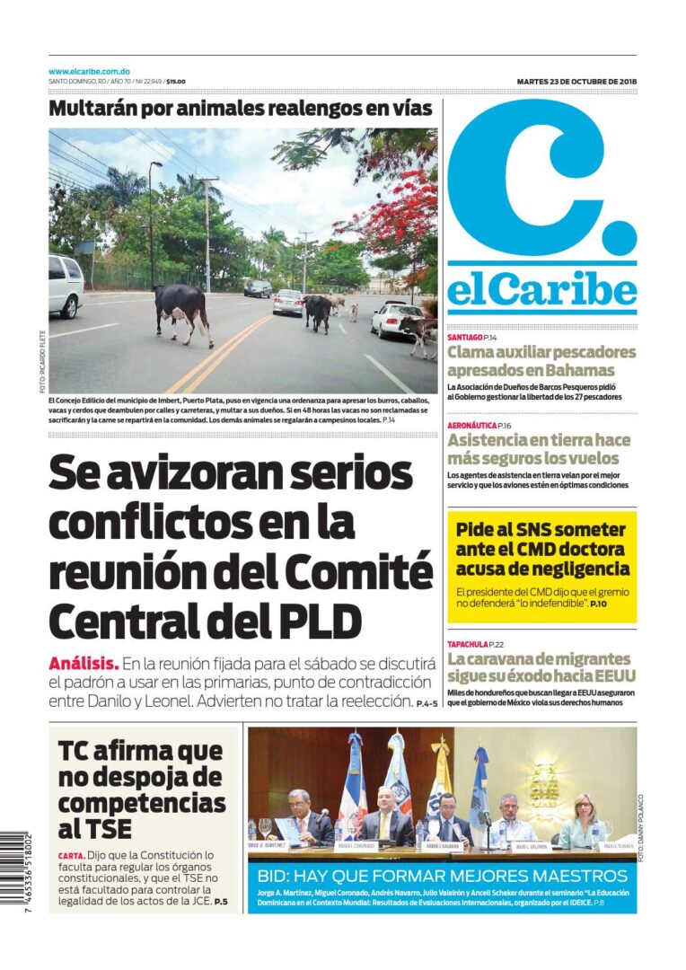 Portada Periódico El Caribe, Martes 23 de Octubre 2018