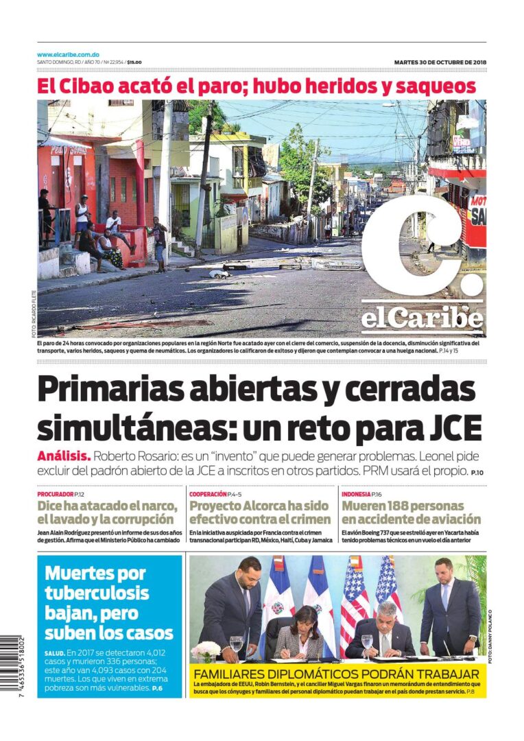 Portada Periódico El Caribe, Martes 30 de Octubre 2018