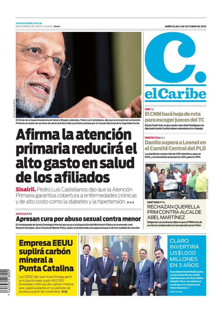 Portada Periódico El Caribe, Miércoles 03 de Octubre 2018