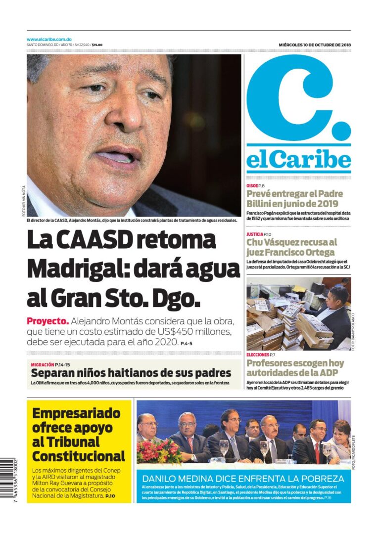 Portada Periódico El Caribe, Miércoles 10 de Octubre 2018