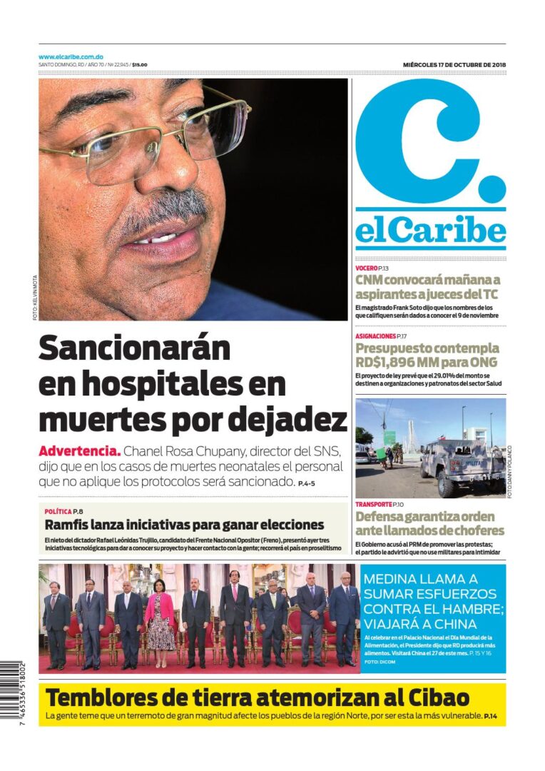 Portada Periódico El Caribe, Miércoles 17 de Octubre 2018