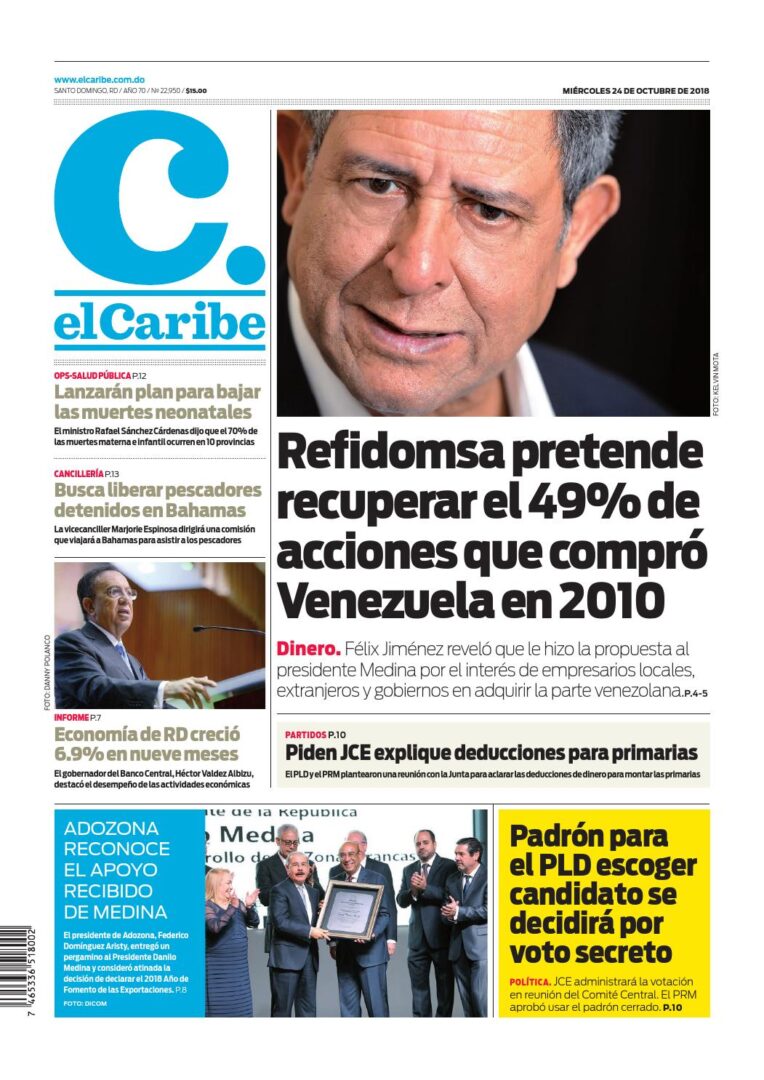 Portada Periódico El Caribe, Miércoles 24 de Octubre 2018