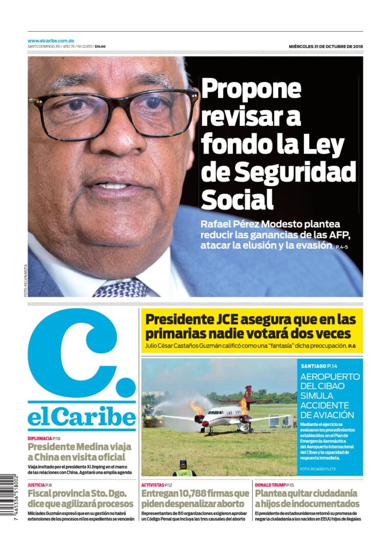 Portada Periódico El Caribe, Miércoles 31 de Octubre 2018