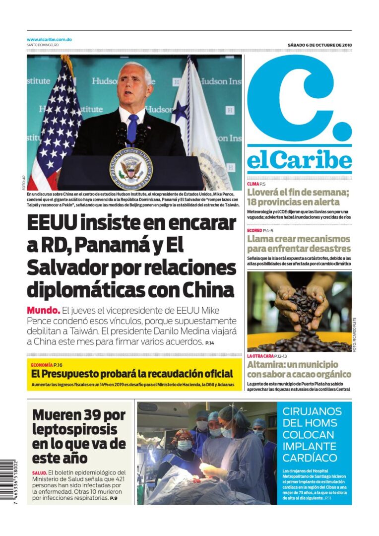 Portada Periódico El Caribe, Sábado 06 de Octubre 2018