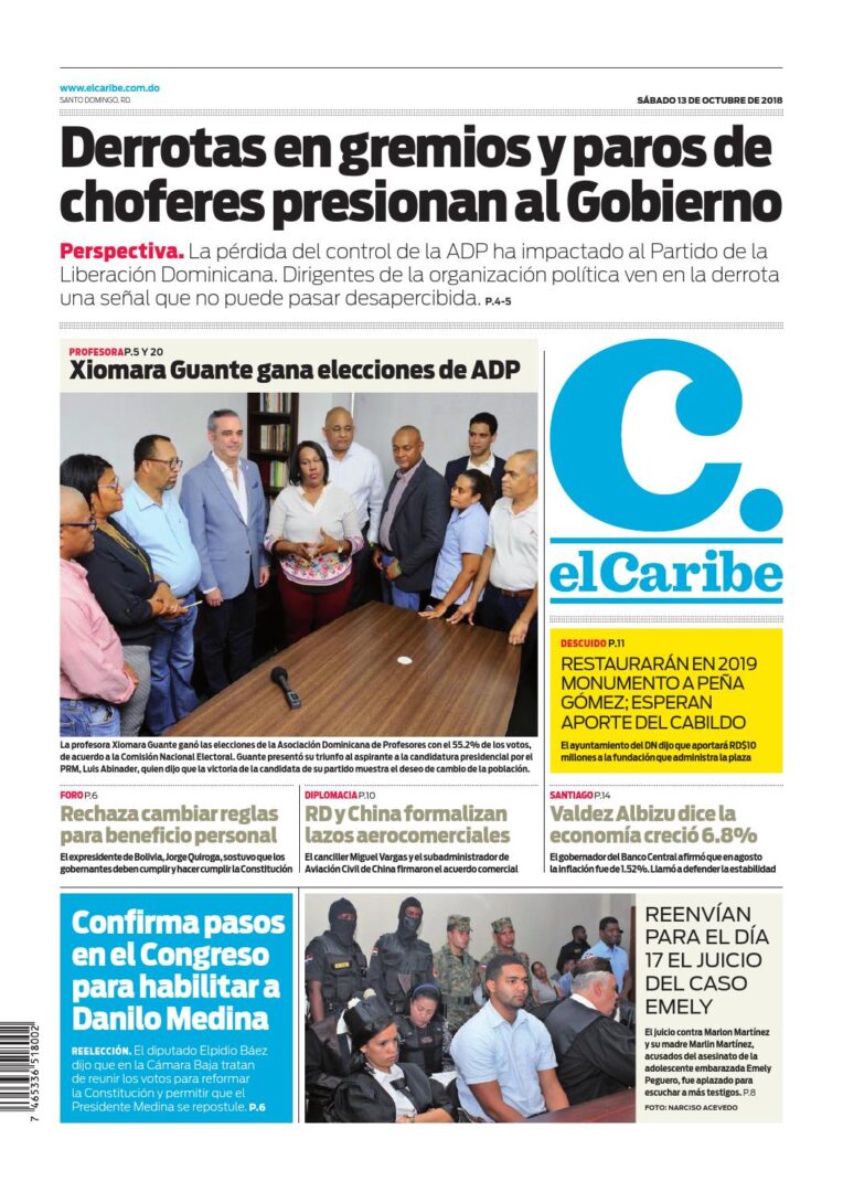 Portada Periódico El Caribe, Sábado 13 de Octubre 2018