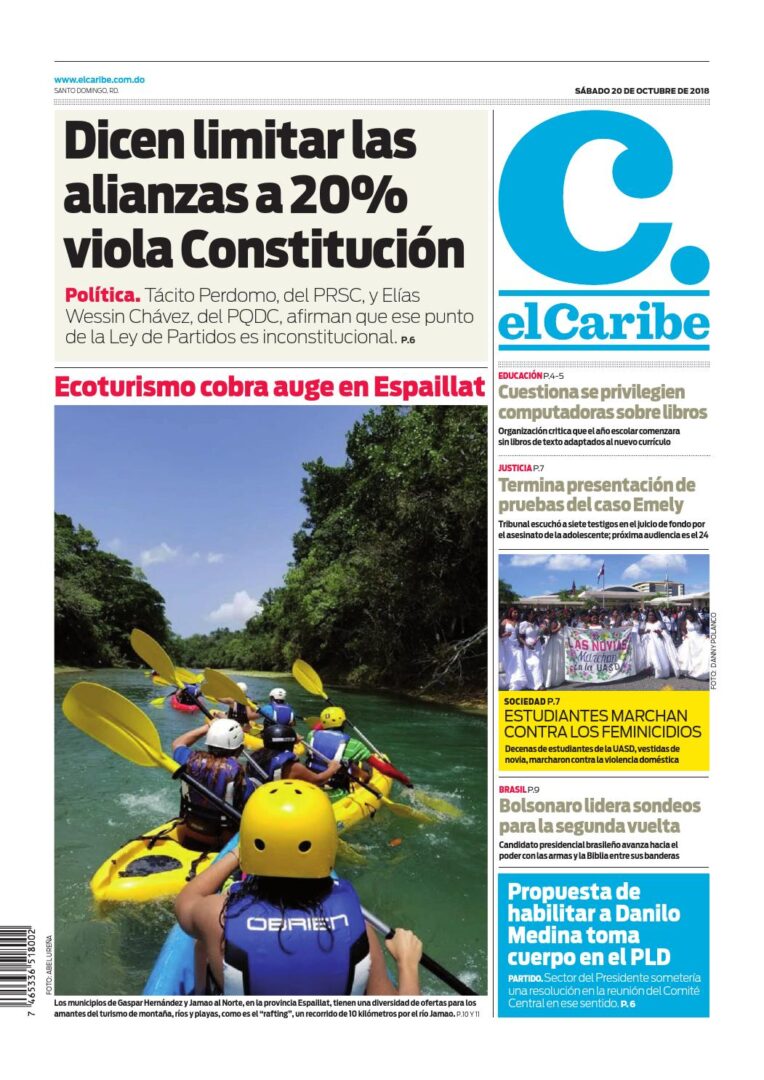 Portada Periódico El Caribe, Sábado 20 de Octubre 2018
