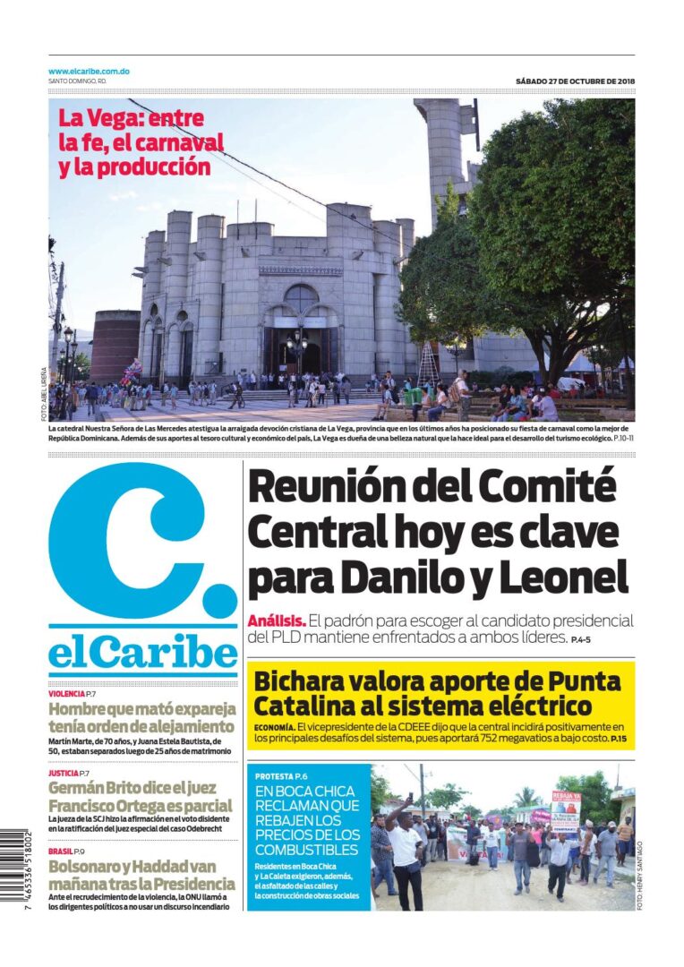 Portada Periódico El Caribe, Sábado 27 de Octubre 2018