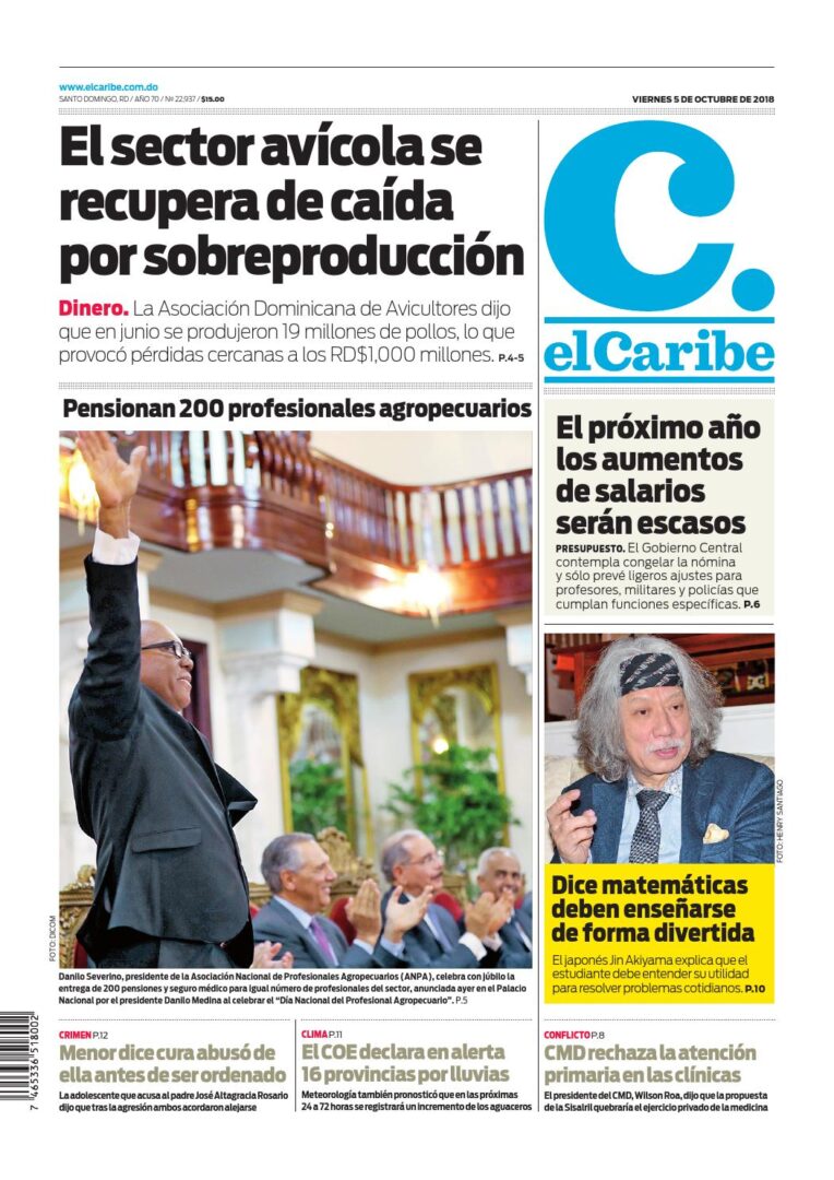 Portada Periódico El Caribe, Viernes 05 de Octubre 2018