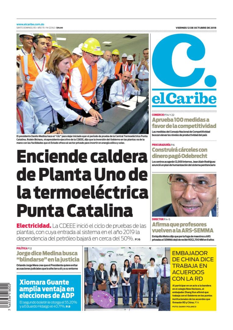 Portada Periódico El Caribe, Viernes 12 de Octubre 2018