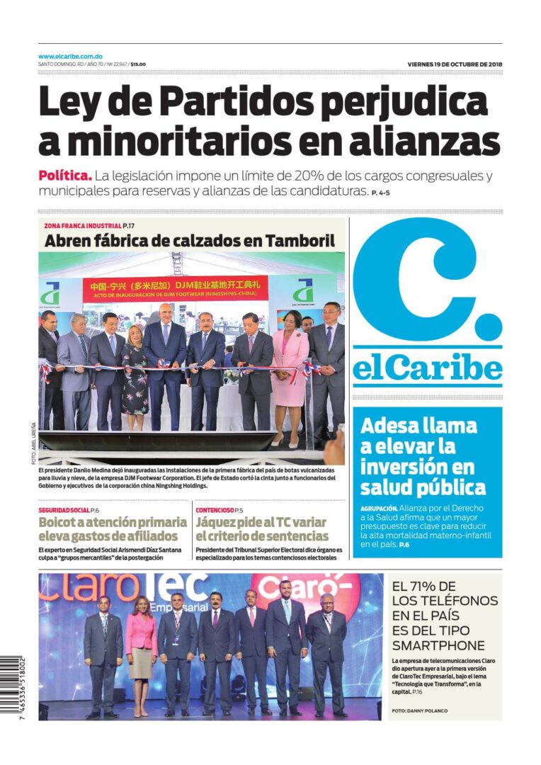 Portada Periódico El Caribe, Viernes 19 de Octubre 2018