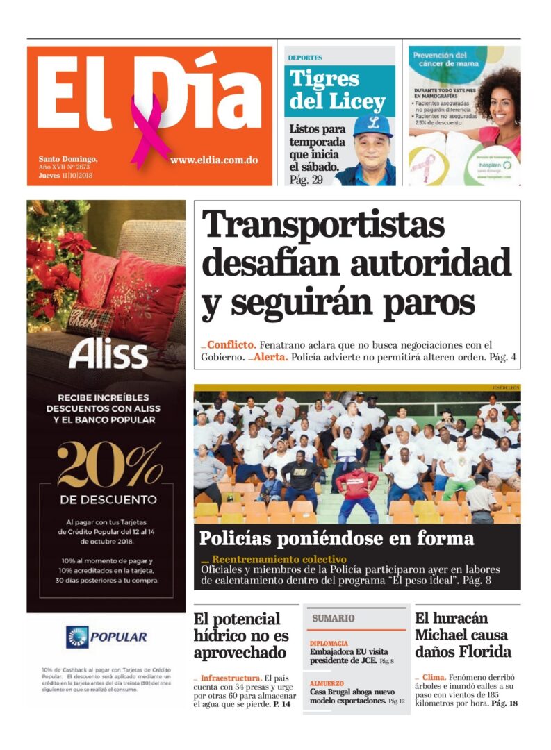 Portada Periódico El Día, Jueves 11 de Octubre 2018