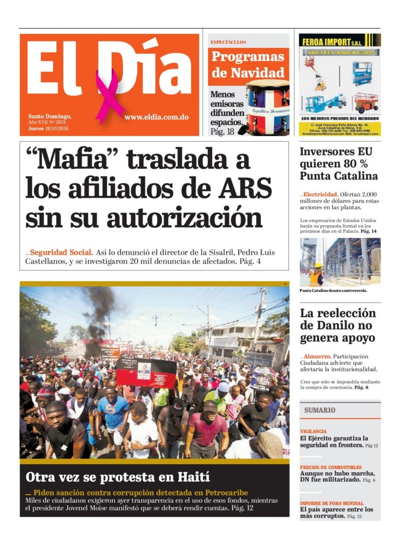 Portada Periódico El Día, Jueves 18 de Octubre 2018