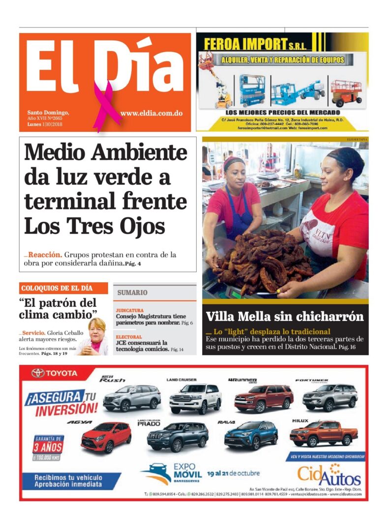 Portada Periódico El Día, Lunes 01 de Octubre 2018