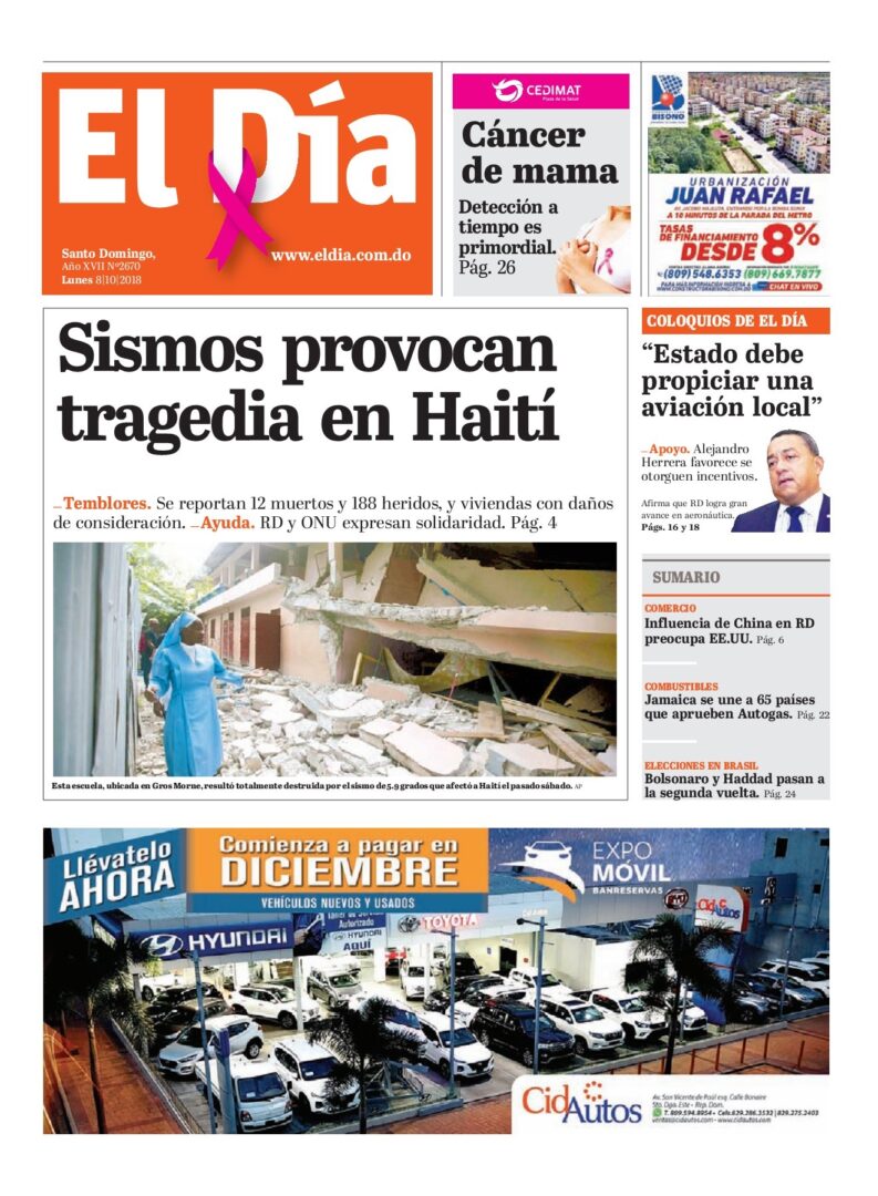 Portada Periódico El Día, Lunes 08 de Octubre 2018