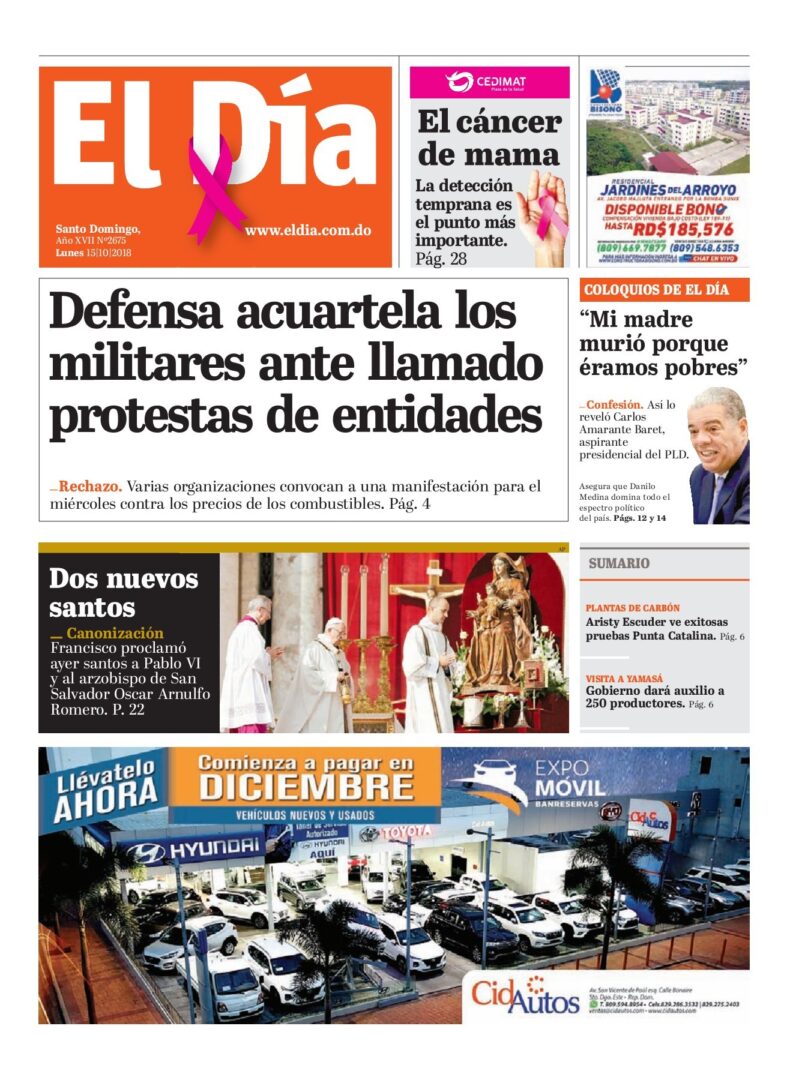 Portada Periódico El Día, Lunes 15 de Octubre 2018
