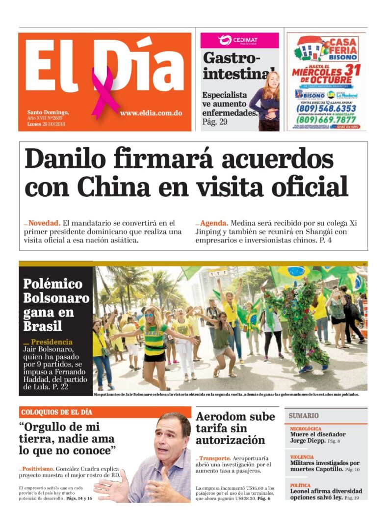 Portada Periódico El Día, Lunes 29 de Octubre 2018