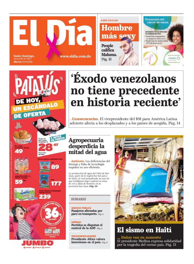 Portada Periódico El Día, Martes 09 de Octubre 2018