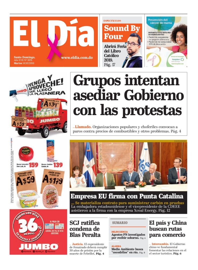 Portada Periódico El Día, Martes 16 de Octubre 2018