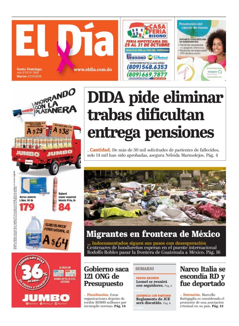 Portada Periódico El Día, Martes 23 de Octubre 2018