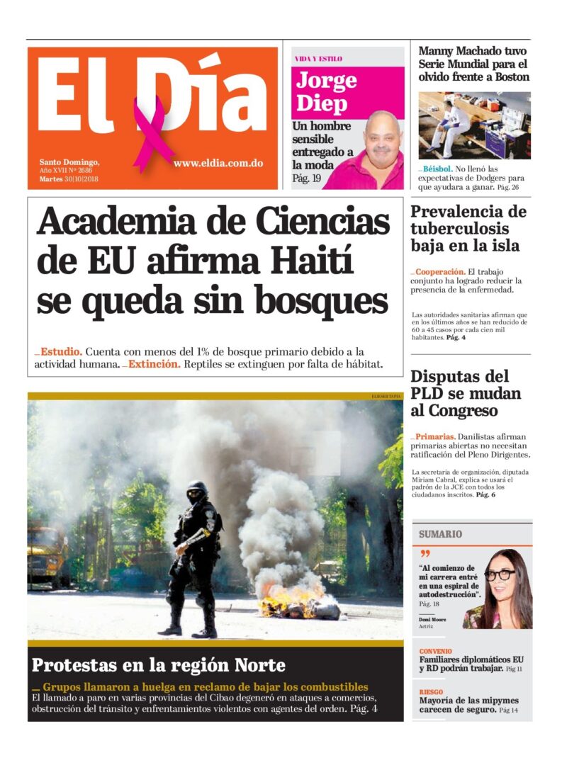 Portada Periódico El Día, Martes 30 de Octubre 2018