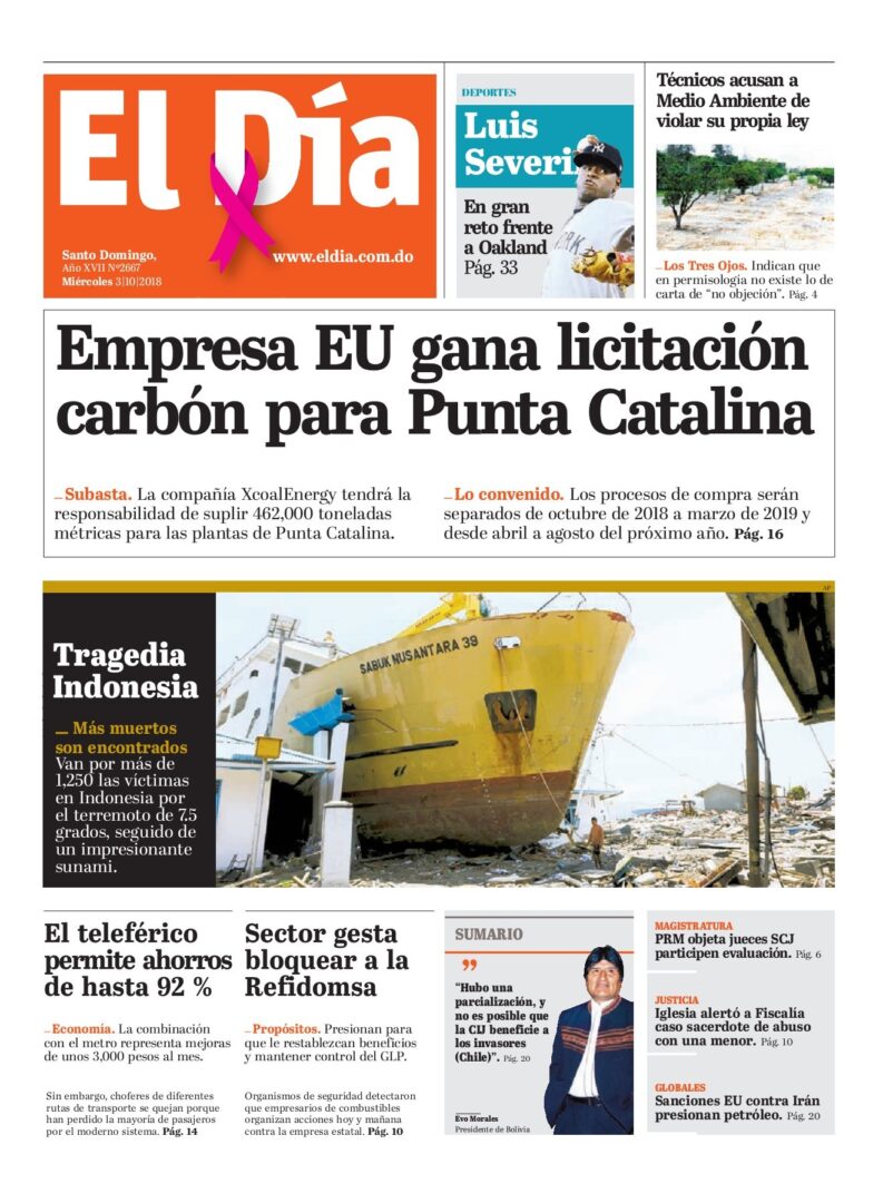 Portada Periódico El Día, Miércoles 03 de Octubre 2018