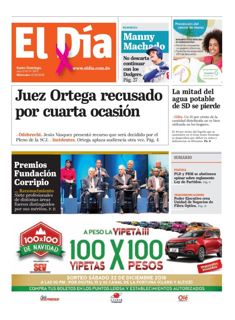 Portada Periódico El Día, Miércoles 10 de Octubre 2018