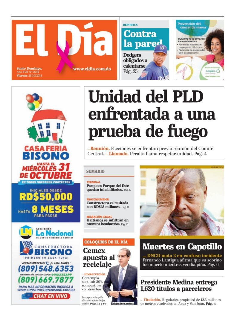 Portada Periódico El Día, Sábado 27 de Octubre 2018