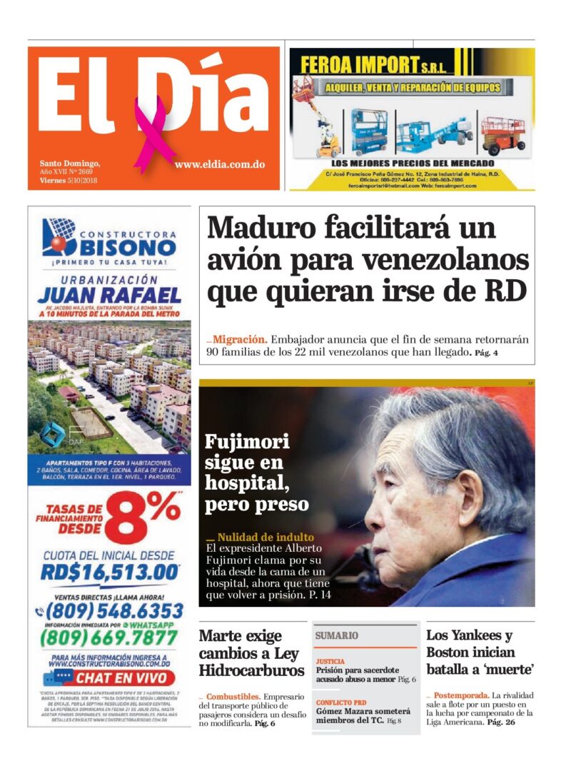 Portada Periódico El Día, Viernes 05 de Octubre 2018