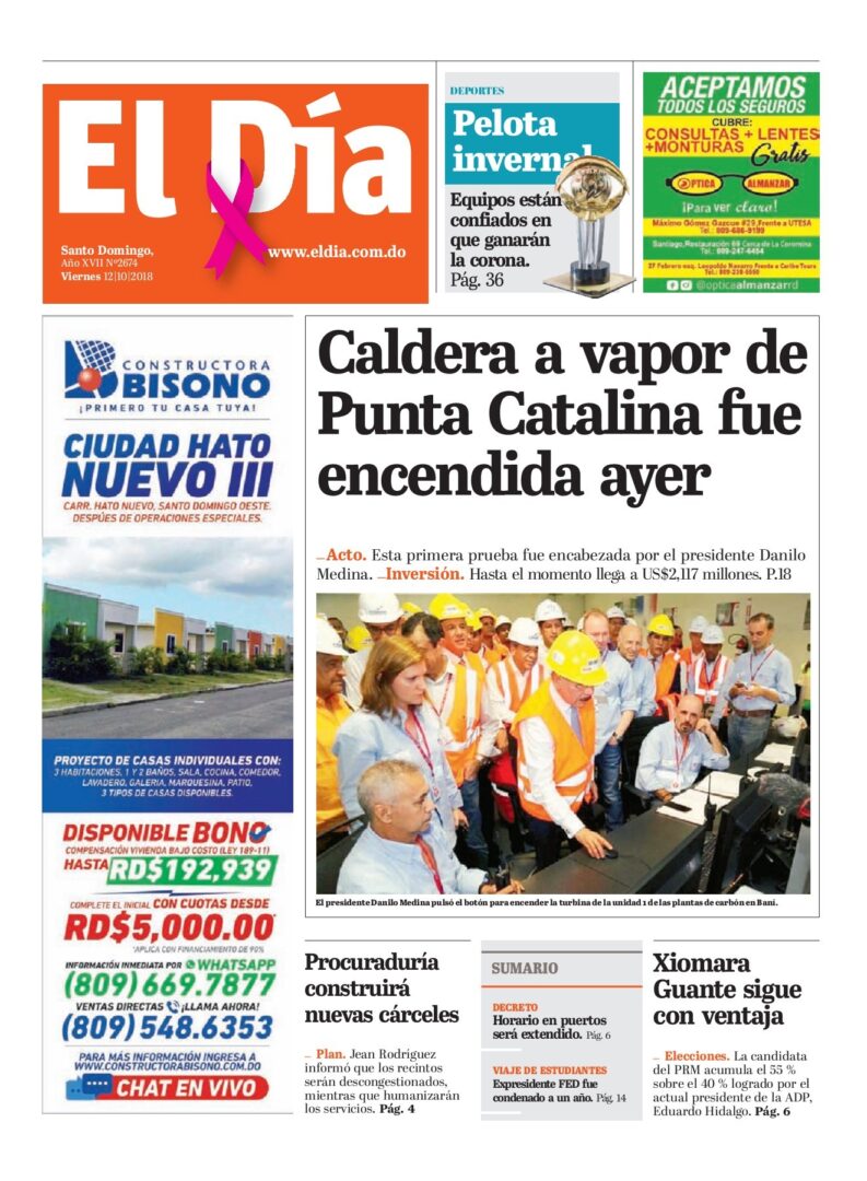 Portada Periódico El Día, Viernes 12 de Octubre 2018