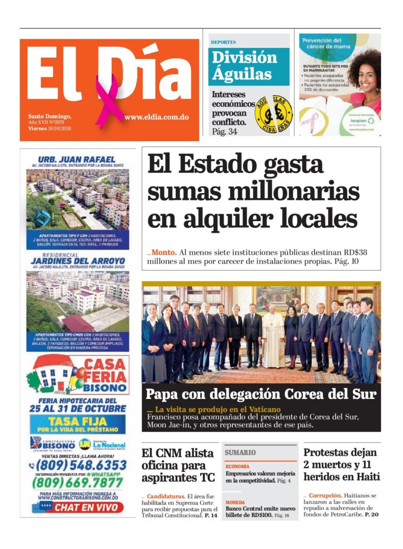 Portada Periódico El Día, Viernes 19 de Octubre 2018